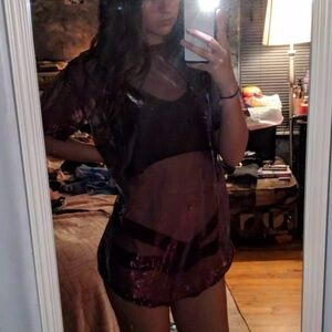 Sheer Short Sleeve Tee with built in tank top - Plum Sheer Top